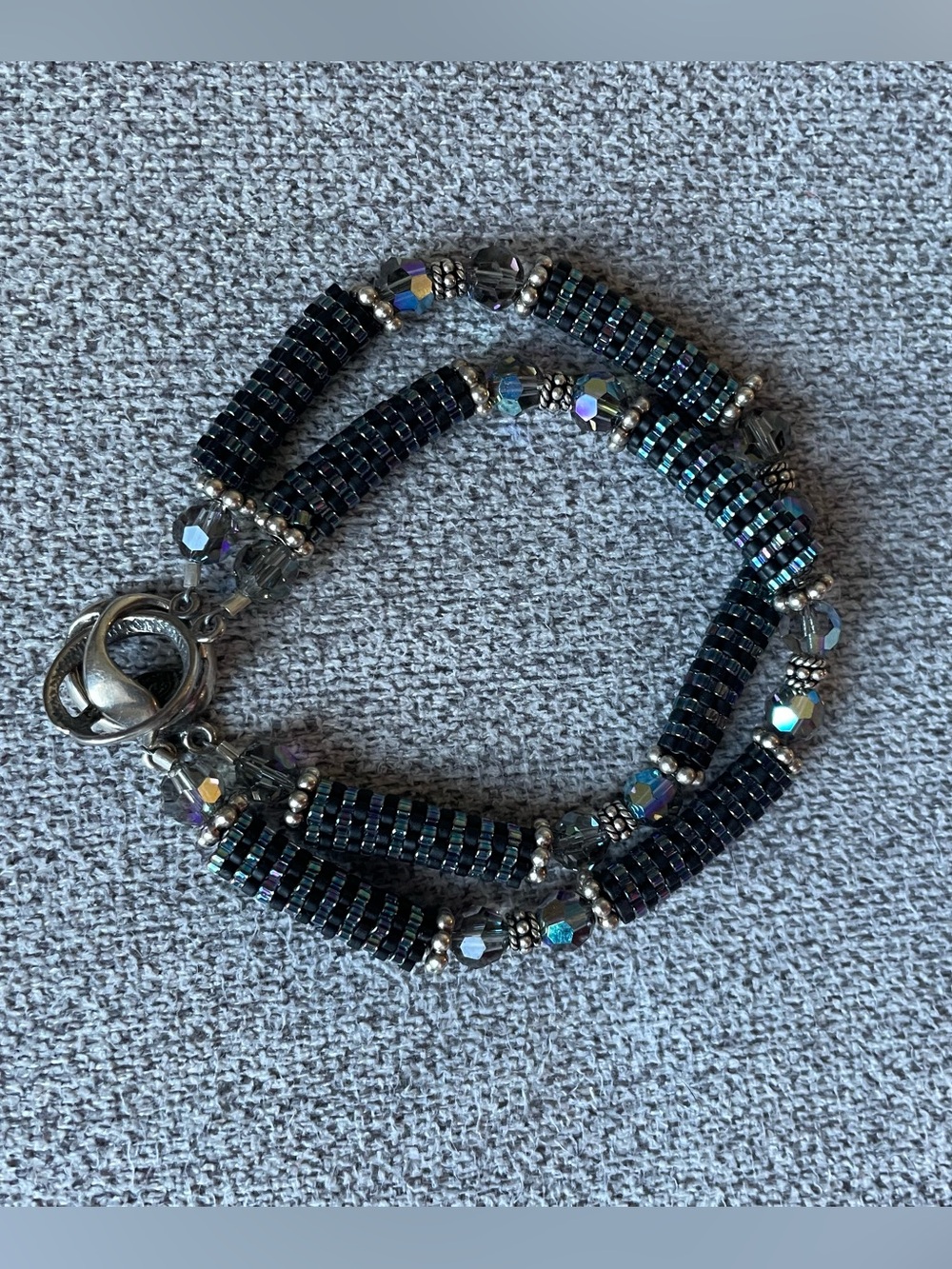Artisan Handcrafted Woven Beaded Double Strand Bracelet Iridescent AB Crystals⁠